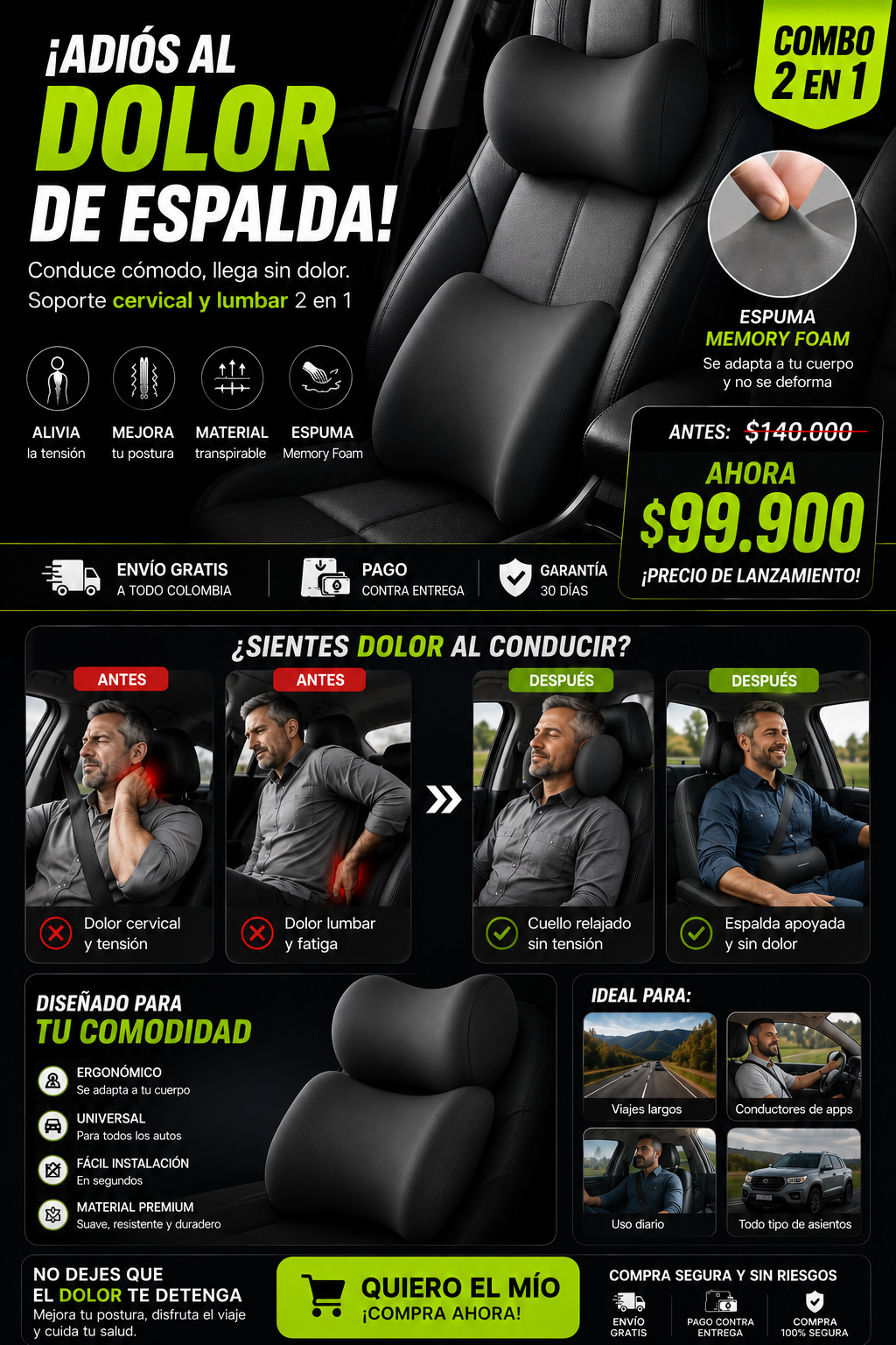 Cojines de Protección Lumbar y Nucal para Automóvil